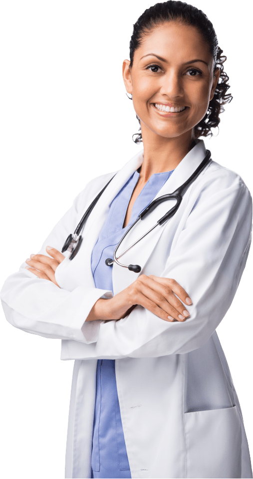 woman with lab coat and stethoscope